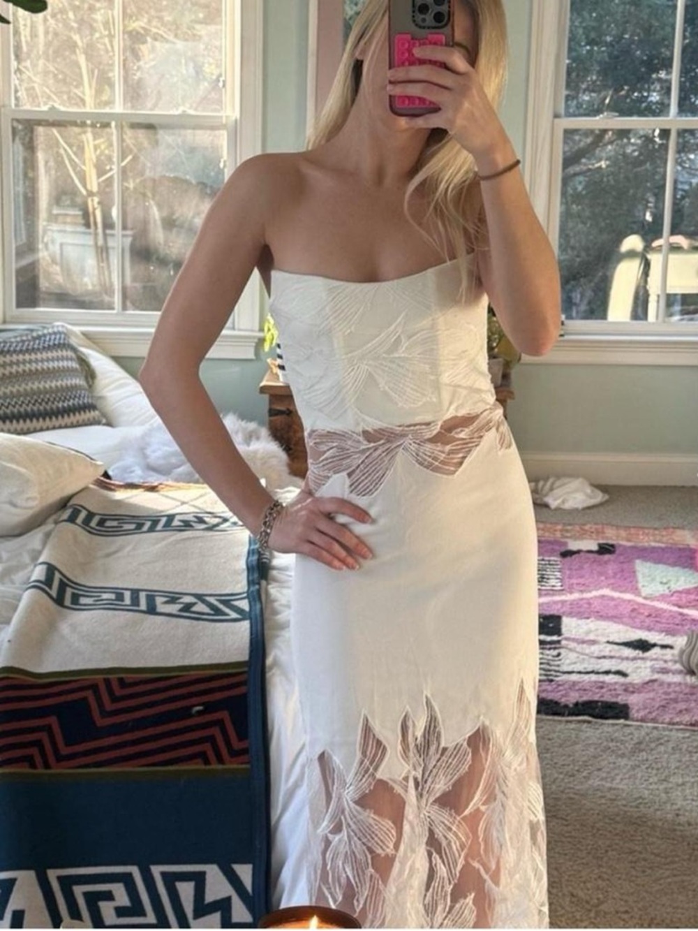 Dion Lee White Strapless Midi Dress with Sheer Embroidered Panels